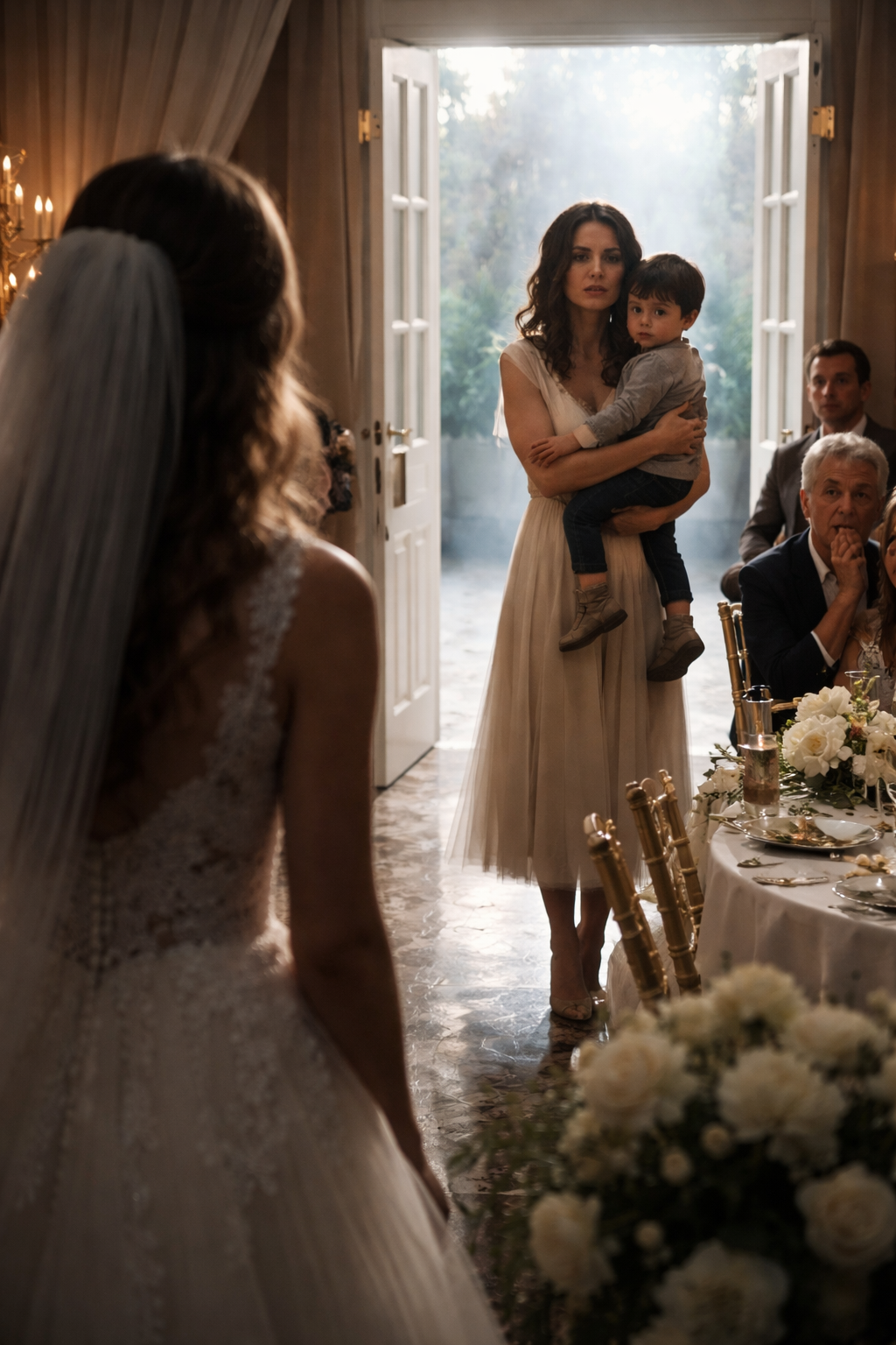 Она вошла в белое — с ребёнком на руках