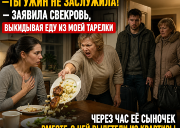— «ТЫ НЕ ЗАСЛУЖИЛА ЭТОТ УЖИН!» — ПРОШИПЕЛА СВЕКРОВЬ, ВЫБРАСЫВАЯ ЕДУ ИЗ МОЕЙ ТАРЕЛКИ. НО ЧЕРЕЗ ЧАС ОНА С СЫНОМ СТОЯЛА НА ЛЕСТНИЧНОЙ ПЛОЩАДКЕ С ЧЕМОДАНАМИ